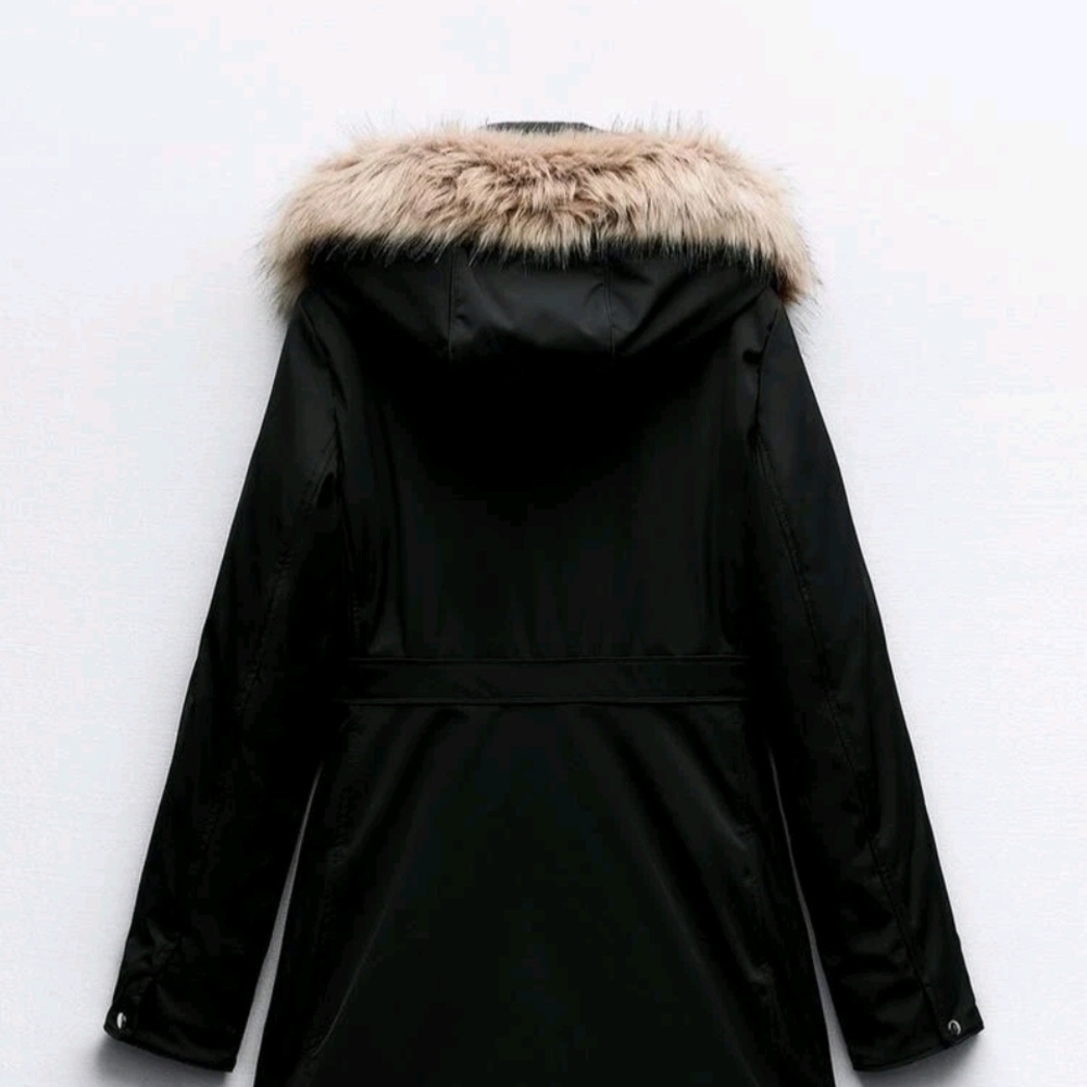 Women's Black Parka Coat with Faux Fur Trim Hood - Picture 5 of 7